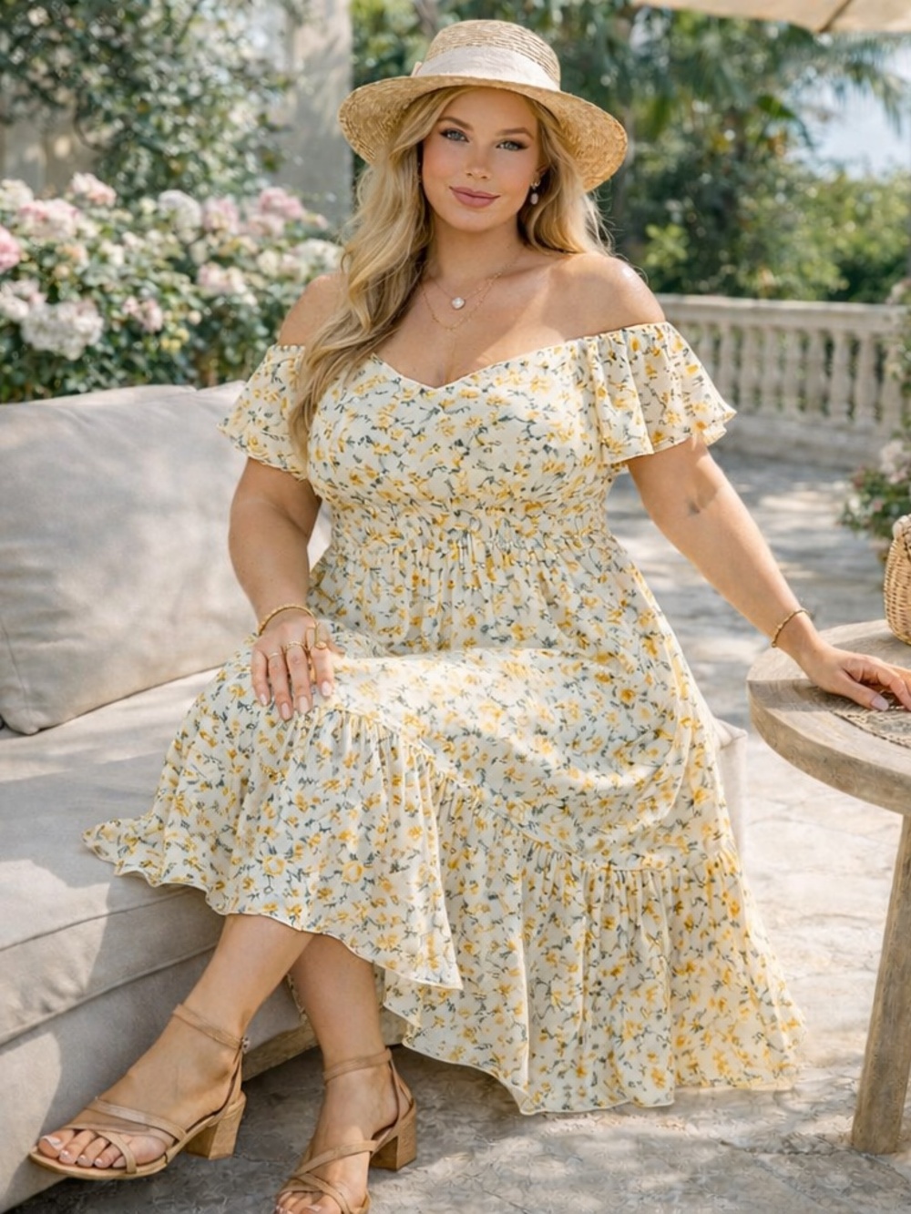 As U Wish Floral Maxi Dress 1X Yellow Cottagecore Cutout Smocked Back Boho